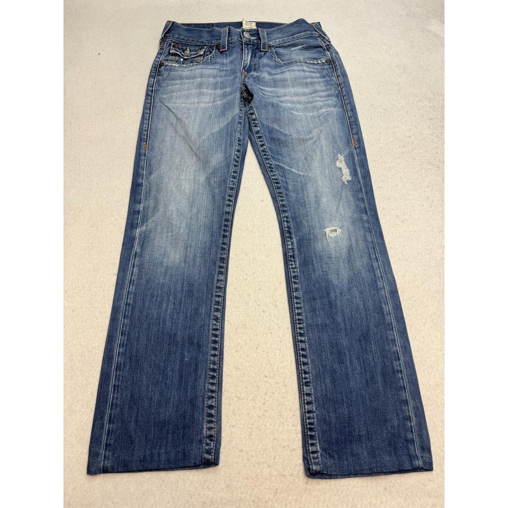 True Religion Jeans Mens 29x32 Blue Ricky Straight Distressed Denim Embroidered